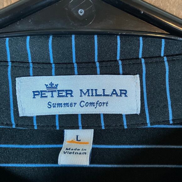Peter Millar Men Shirt Black Blue Stripe Summer Crown Comfort Polo Stretch Large - Picture 6 of 12